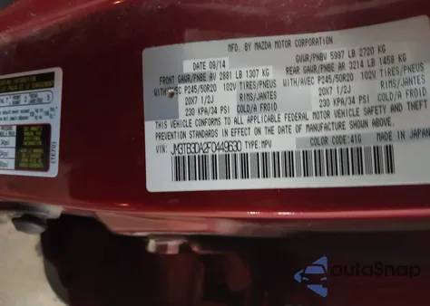 2015 Mazda Cx-9 Grand Touring z USA, uszkodzony, nr VIN JM3TB3DA2F0449630